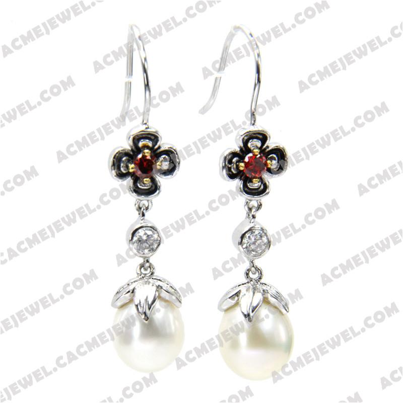 Earrings 925 Sterling Silver 3-tone Rhodium + gold + black smear